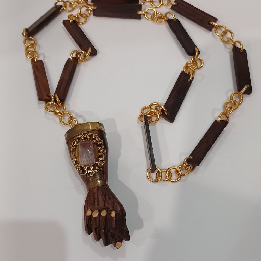 Figa Wood Amethyst Hand Pendant Necklace